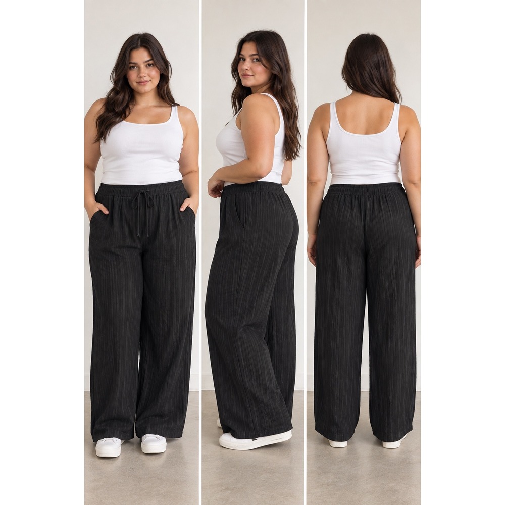 Black Wide Leg Pleated Crinkle Pants Elastic Waist Drawstring Plus Size 1XL